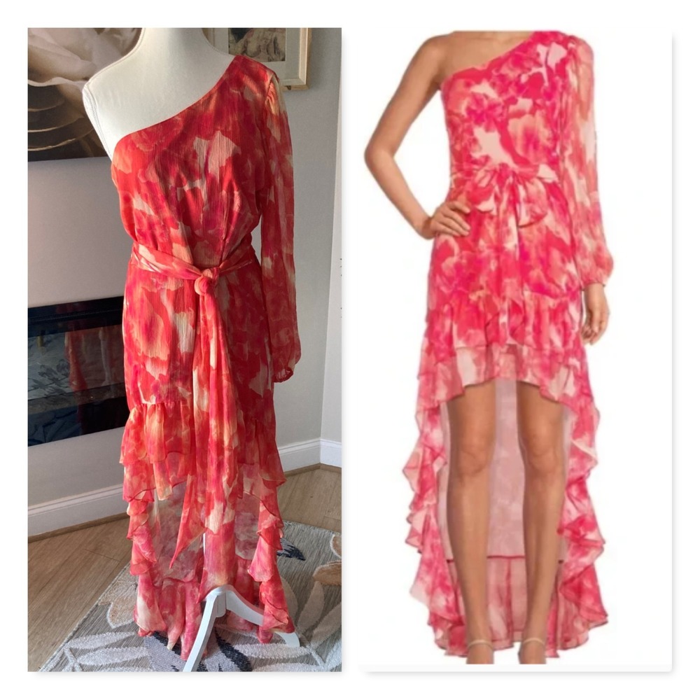 Gianni Bini Chiffon‎ One Shoulder Dress 10 Red Watercolor Floral Hi Low Ruffles